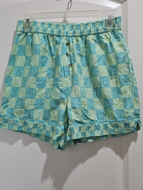 Anthropologie Checkerboard Mint & Teal High-Waist Shorts